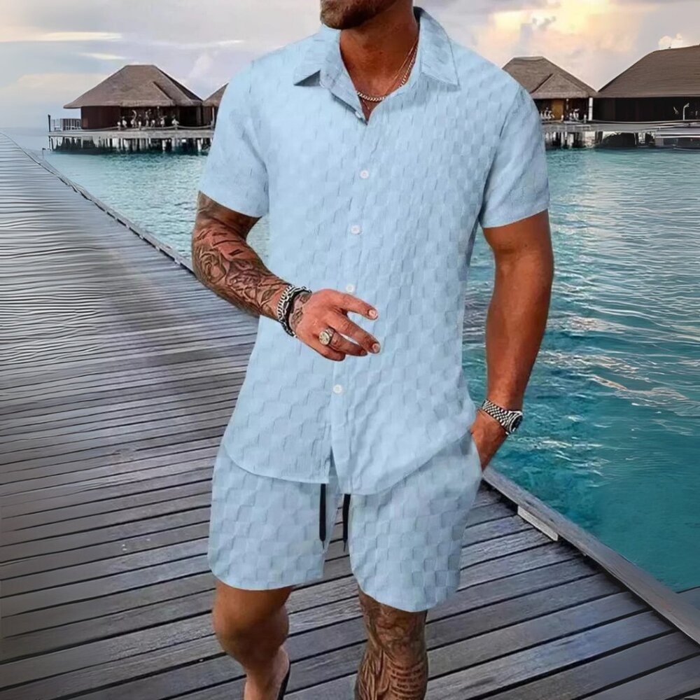 Men's Light Blue Collared Neck Short Sleeve Top & Shorts Resort Outfit